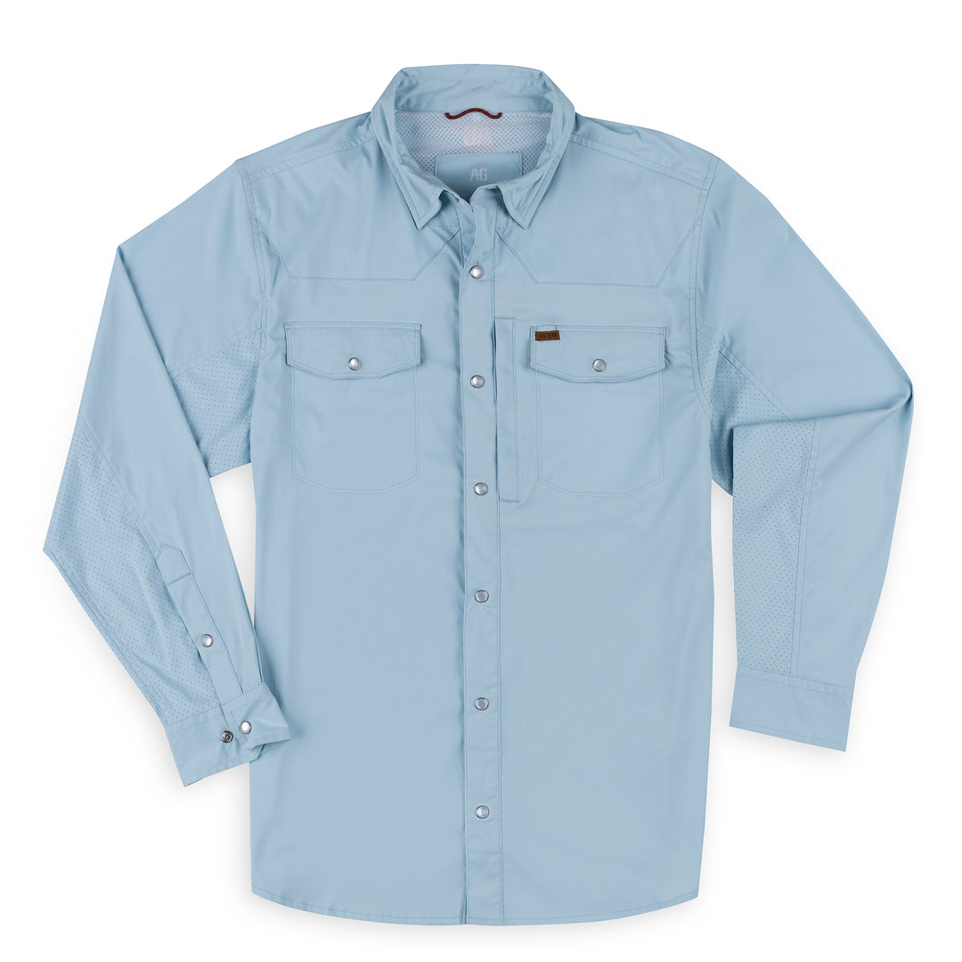 light blue stockyard farm shirt ranch shirt pearl snaps western cut work shirt on ranch laser perforation pearl snaps