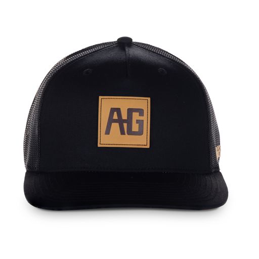 AG leather patch on black trucker hat farm hat