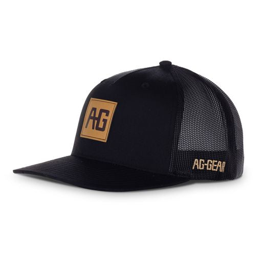 AG leather patch on black trucker hat farm hat