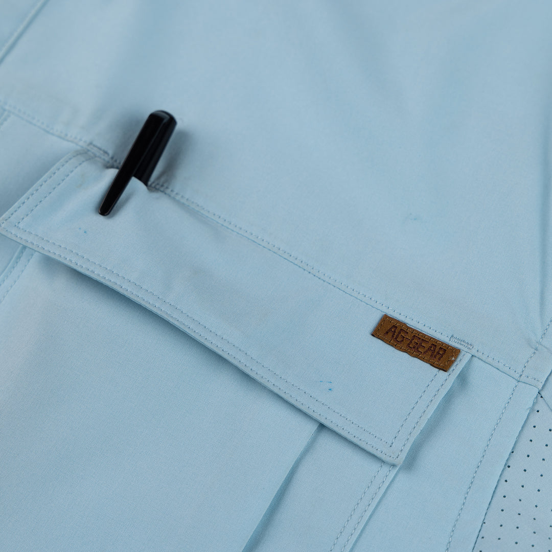 haybaler breathable farm shirt work shirt ranch shirt cape back UPF30 light blue pen holder