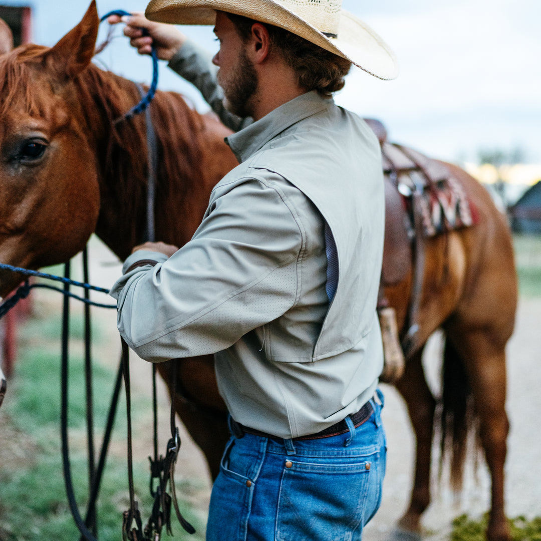 haybaler breathable farm shirt work shirt ranch shirt cape back UPF30 khaki back cowboy horse