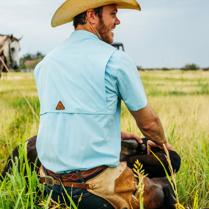 haybaler breathable farm shirt work shirt ranch shirt cape back UPF30 light blue cowboy back field roping