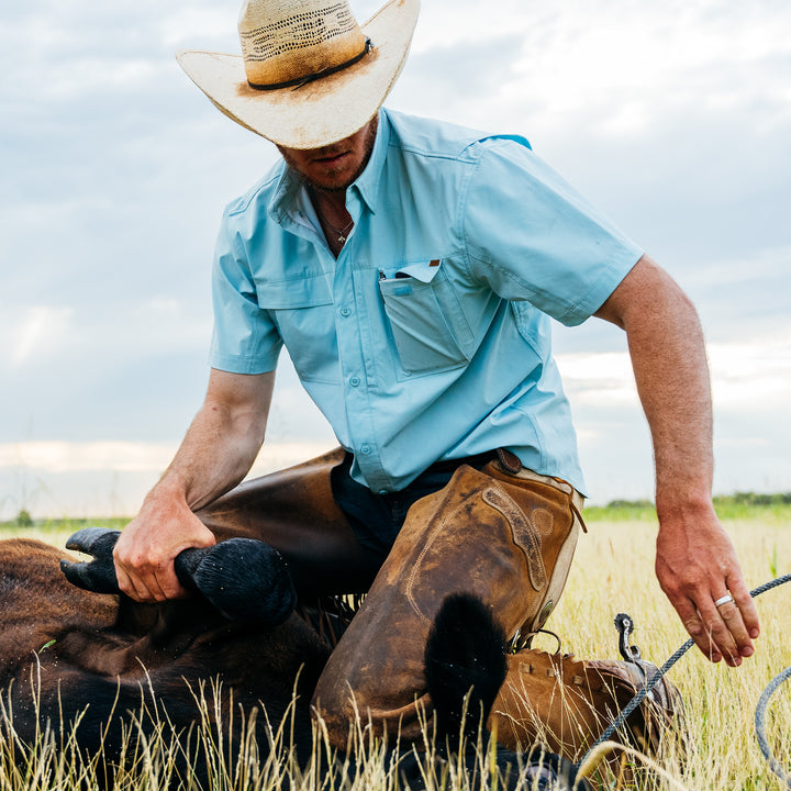 haybaler breathable farm shirt work shirt ranch shirt cape back UPF30 light blue cowboy cattle roping