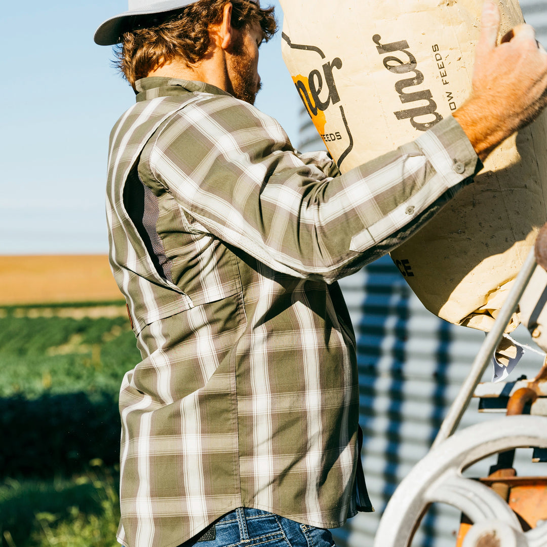 haybaler breathable farm shirt work shirt ranch shirt cape back UPF30 plaid moss grain corn farmwork