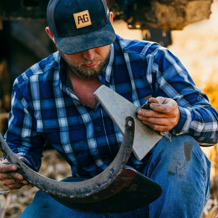 haybaler breathable farm shirt work shirt ranch shirt cape back UPF30 plaid blue tractor combine farmwork