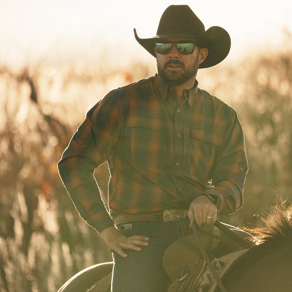 haybaler breathable farm shirt work shirt ranch shirt cape back UPF30 plaid red cowboy sunset horse