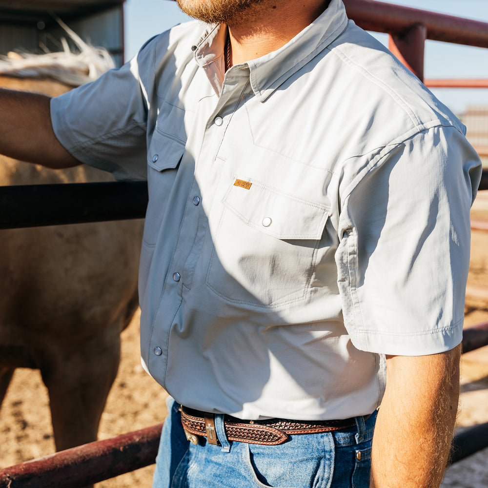 stockyard farm shirt ranch shirt pearl snaps western cut work shirt on ranch laser perforation pearl snaps grey cowboy horse cattle