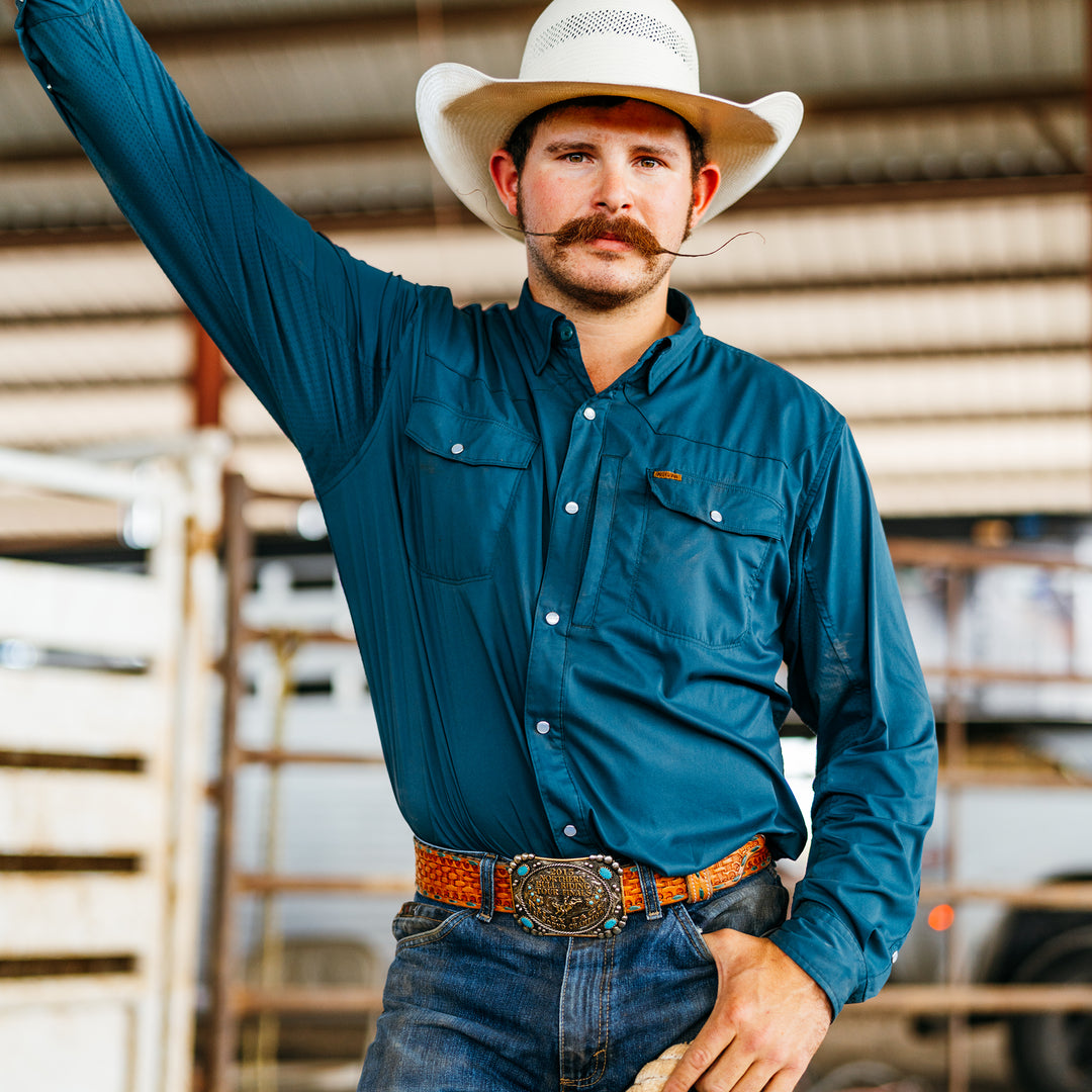 teal stockyard farm shirt ranch shirt pearl snaps western cut work shirt on ranch laser perforation pearl snaps rodeo rancher cowboy