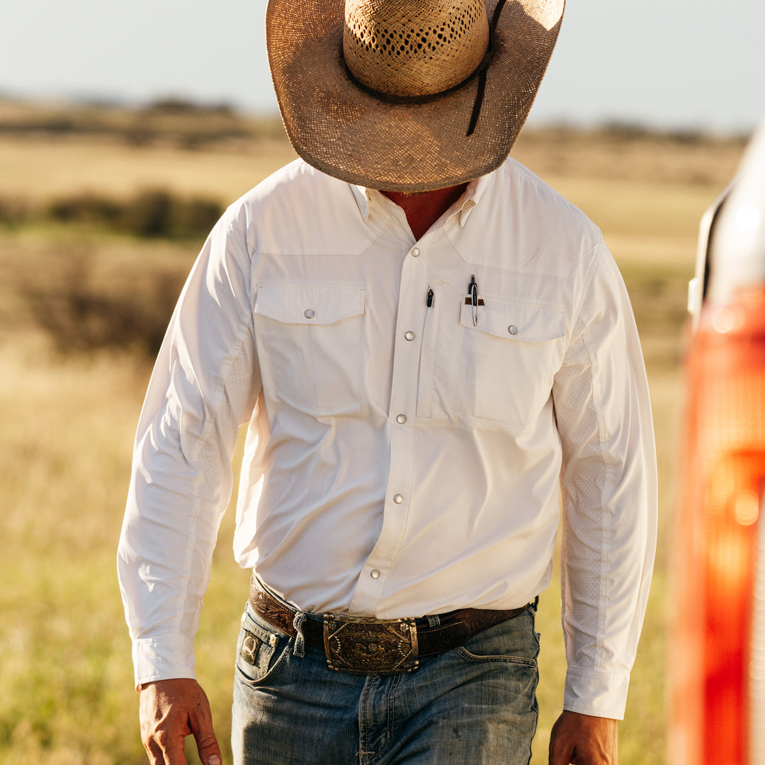white stockyard farm shirt ranch shirt pearl snaps western cut work shirt on ranch laser perforation on a ranch