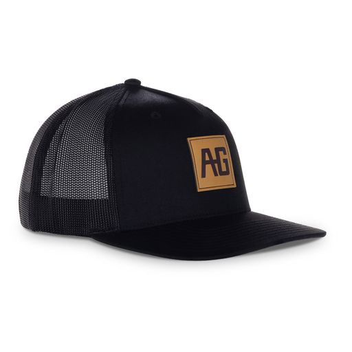 AG leather patch on black trucker hat farm hat