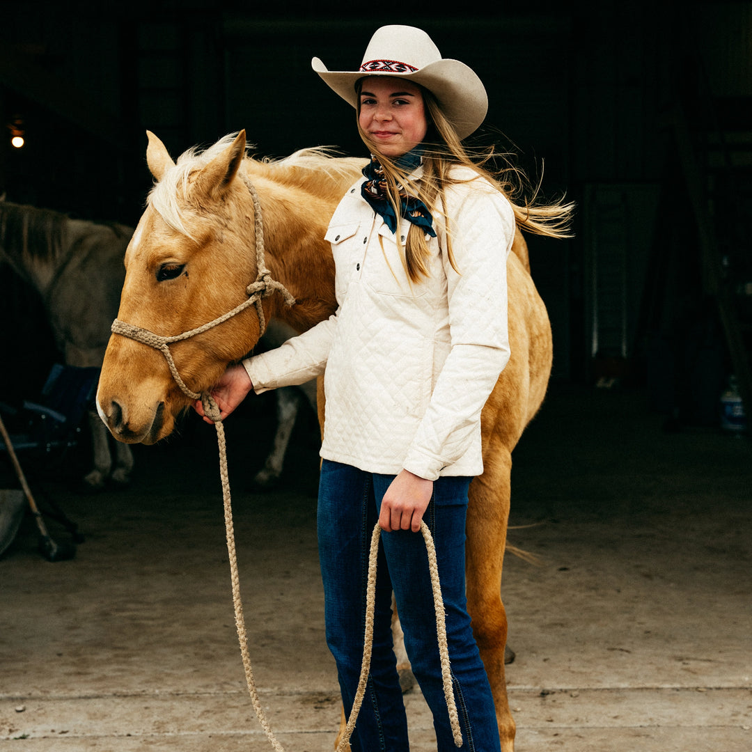 women's silo ivory farm pullover ranch pullover with horse in barn