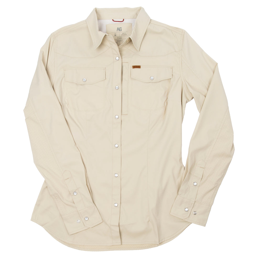 women's stockyard farm shirt ranch shirt western cut fitted pearl snaps khaki