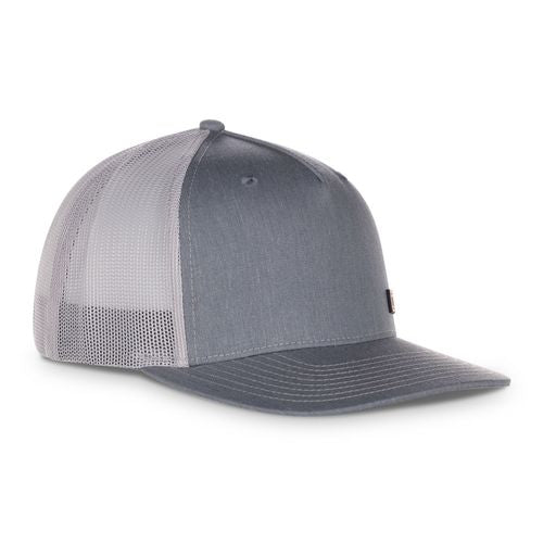 small aggear leather patch on grey trucker hat farm hat