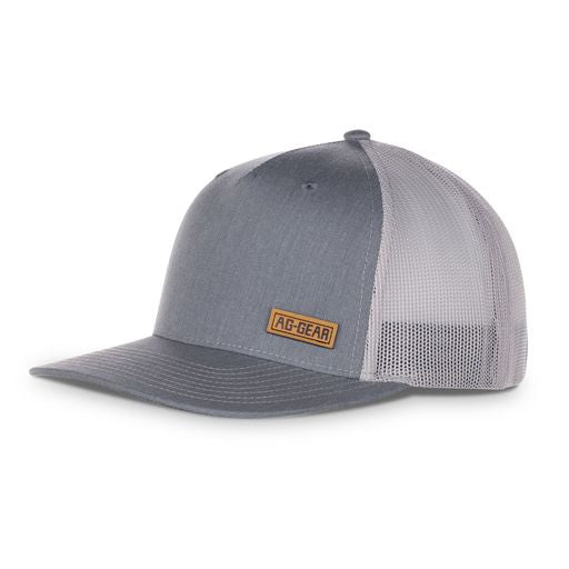 small aggear leather patch on grey trucker hat farm hat