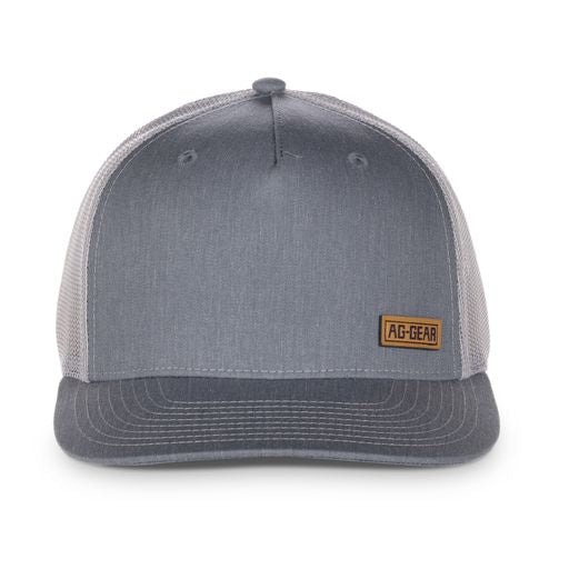 small aggear leather patch on grey trucker hat farm hat