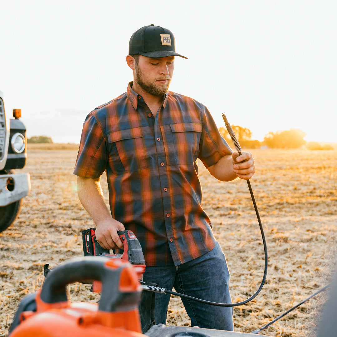 haybaler breathable farm shirt work shirt ranch shirt cape back UPF30 plaid red farmer machinery farmwork