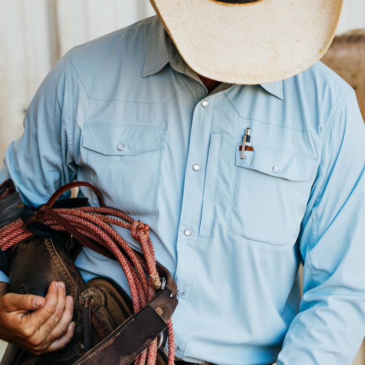 light blue stockyard farm shirt ranch shirt pearl snaps western cut work shirt on ranch laser perforation pearl snaps cowboy saddle rancher