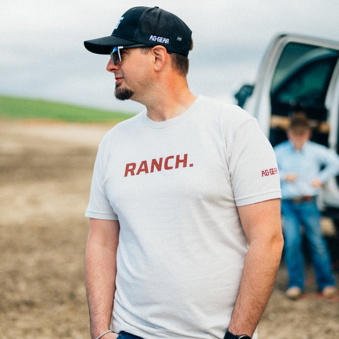 AG ranch word graphic on sand cotton teeshirt farmshirt farm fieldwork